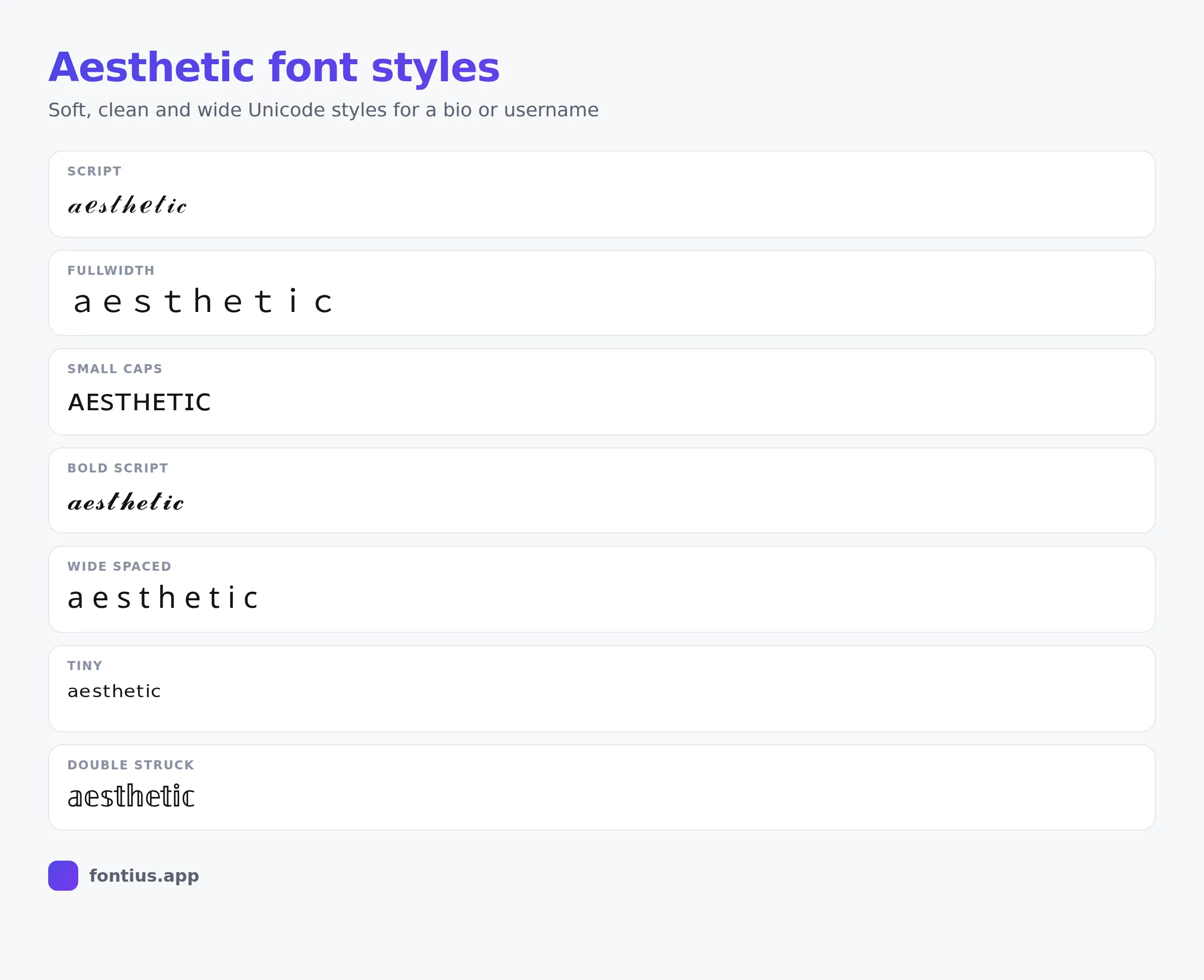 Aesthetic font styles chart: the word aesthetic shown in soft script, wide spaced, small caps, fullwidth and double struck Unicode text