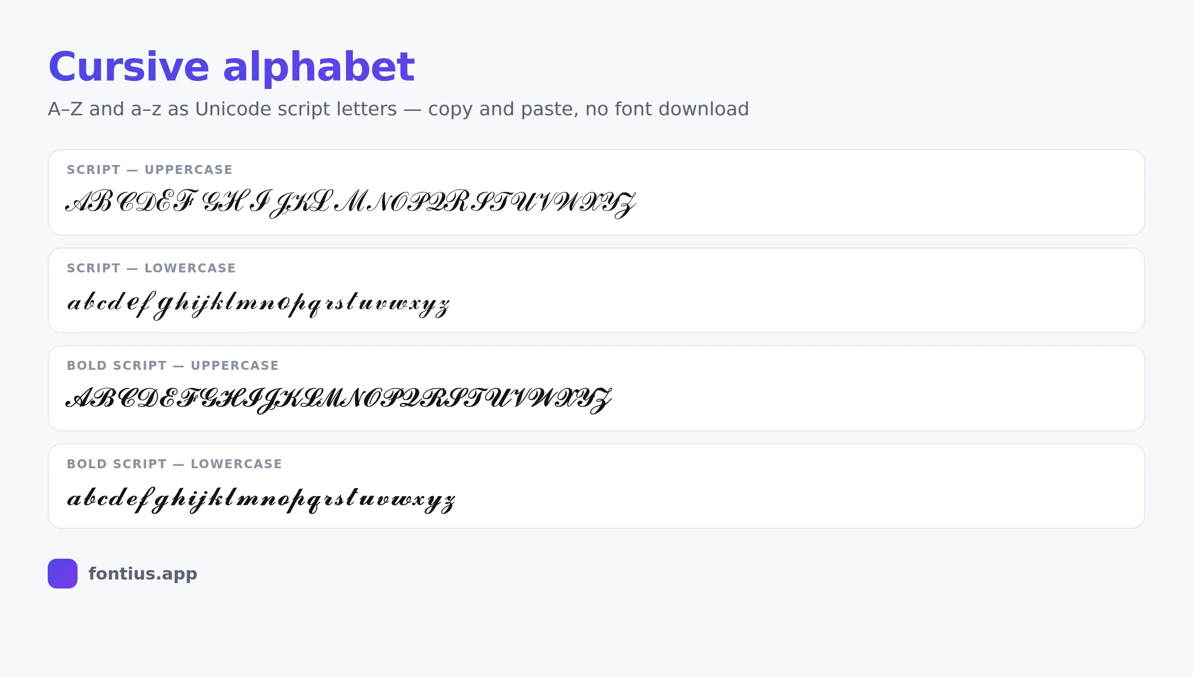 Cursive alphabet chart showing A to Z and a to z written in Unicode script and bold script letters