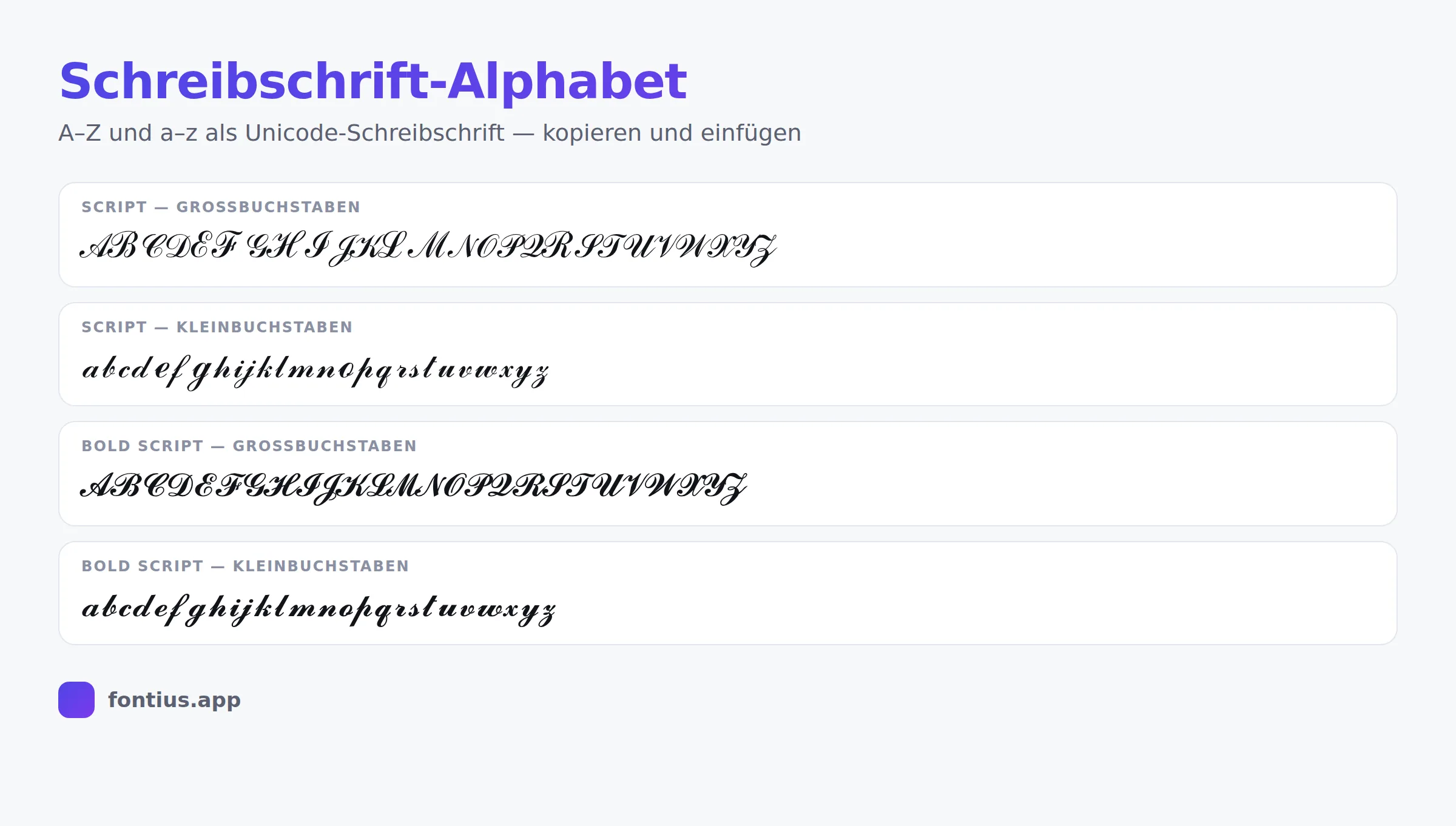 Schreibschrift-Alphabet: A bis Z und a bis z in Unicode-Schreibschrift und fetter Schreibschrift